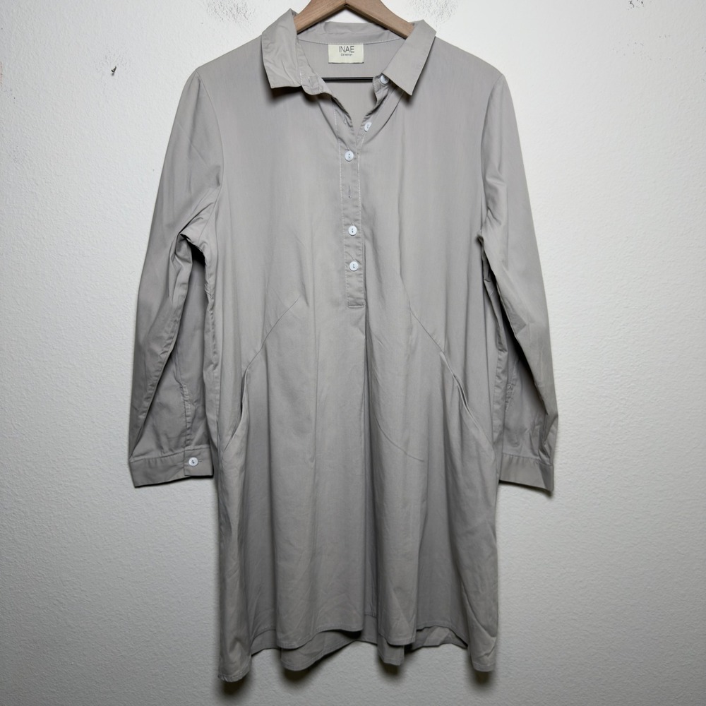 INAE Collection Women Cotton Button Tunic Top Gray Long Sleeve Pockets Lagenlook